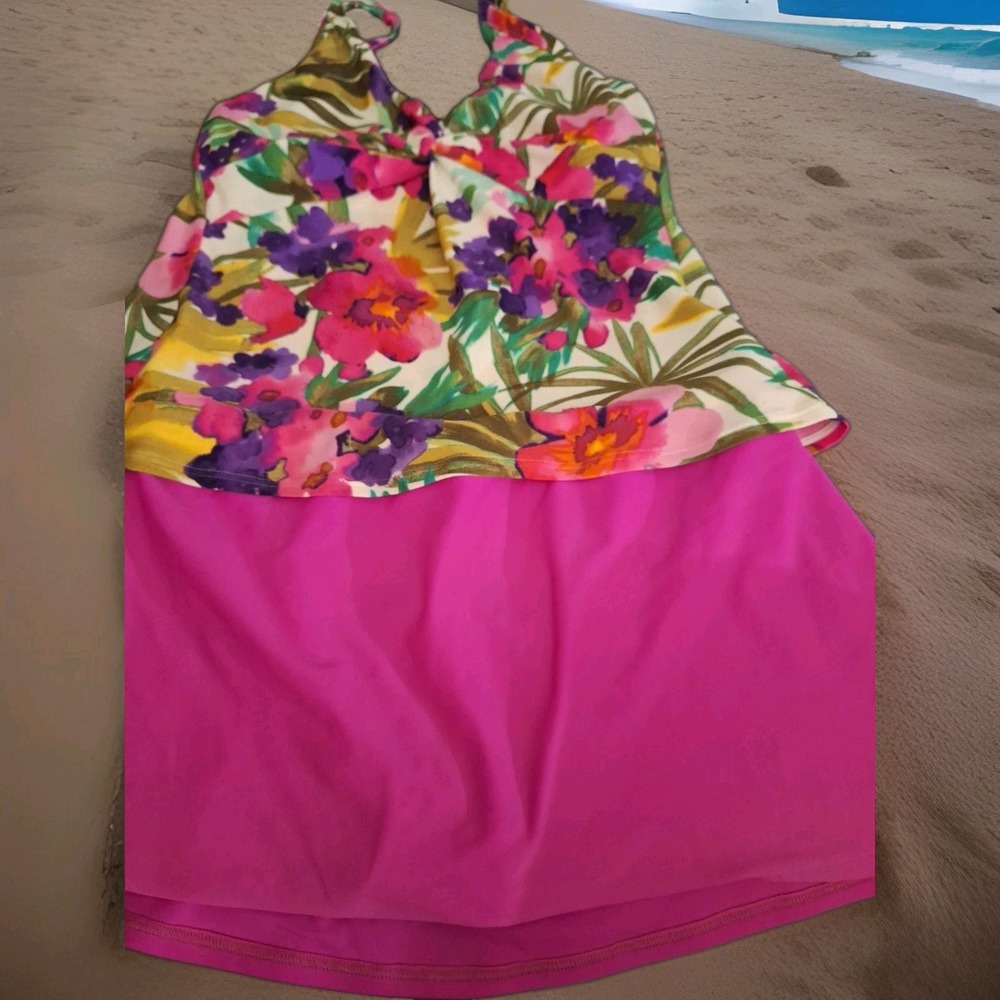 2 Piece Sunset  Floral Tankini  34 DD Top & Large  Pink Skirted Bathing Suit 025